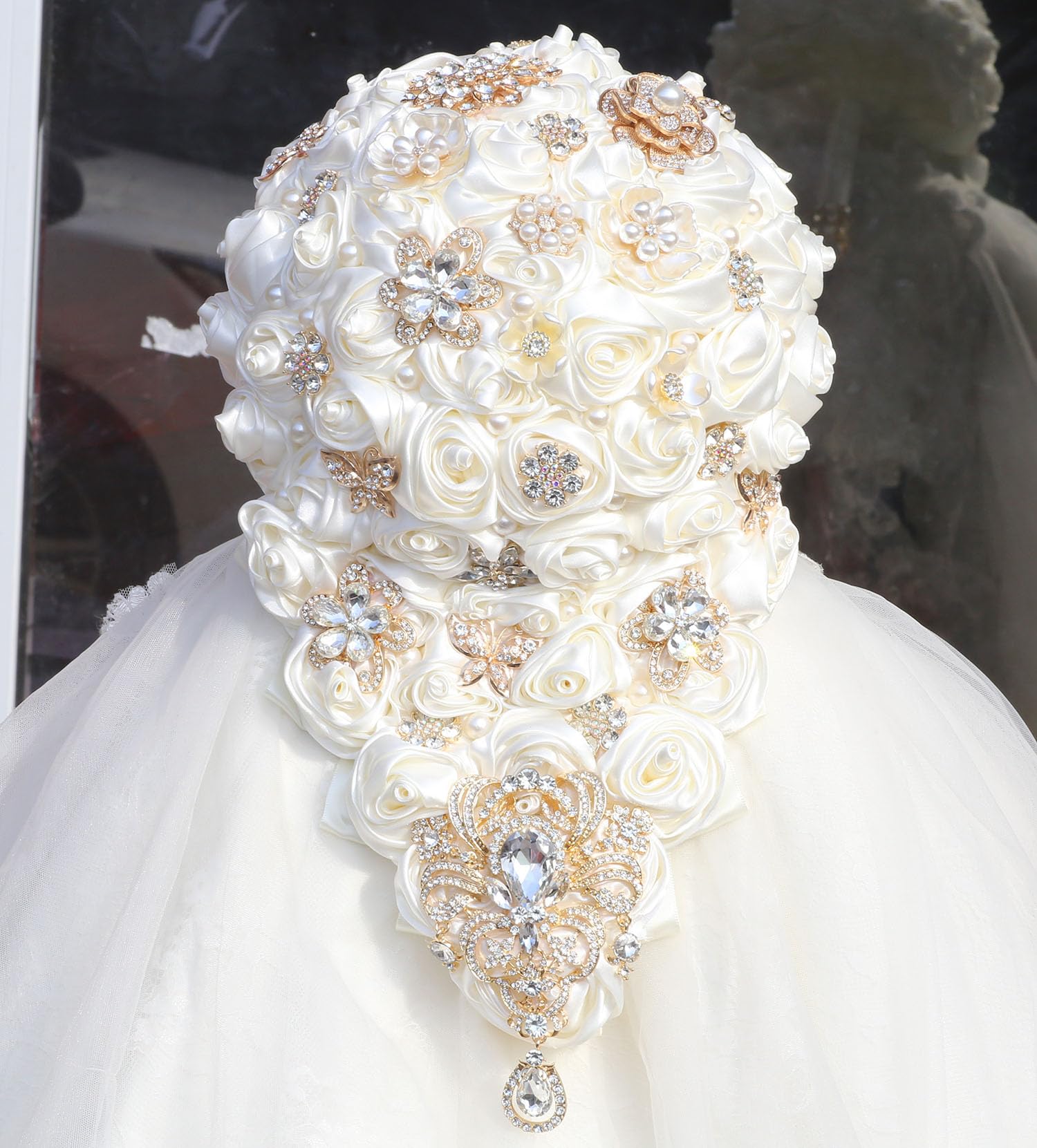 Photo 1 of Mhojpik Luxury Cascade Bridal Wedding Bouquet Satin Rose Waterfall Holding Bouquet Artificial Flower Bunch for Bride Bridesmaid(Ivory, 15" x 7.5")