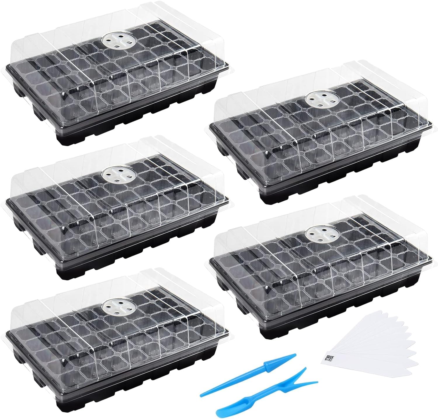 MIXC Seed Trays Propagator for Plants Greenhouse 5 Pack Garland Propagators with Lids 200 Cells Seedling Tray Growing Pots Trays Plant Germination Kit Plastic Propagating Set for Garden Black