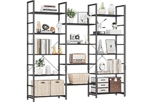 NUMENN Triple Wide 5 Tier Bookshelf, Rustic Industrial Style Bookcases and Bookshelves with 14 Open Display Shelves, Modern T