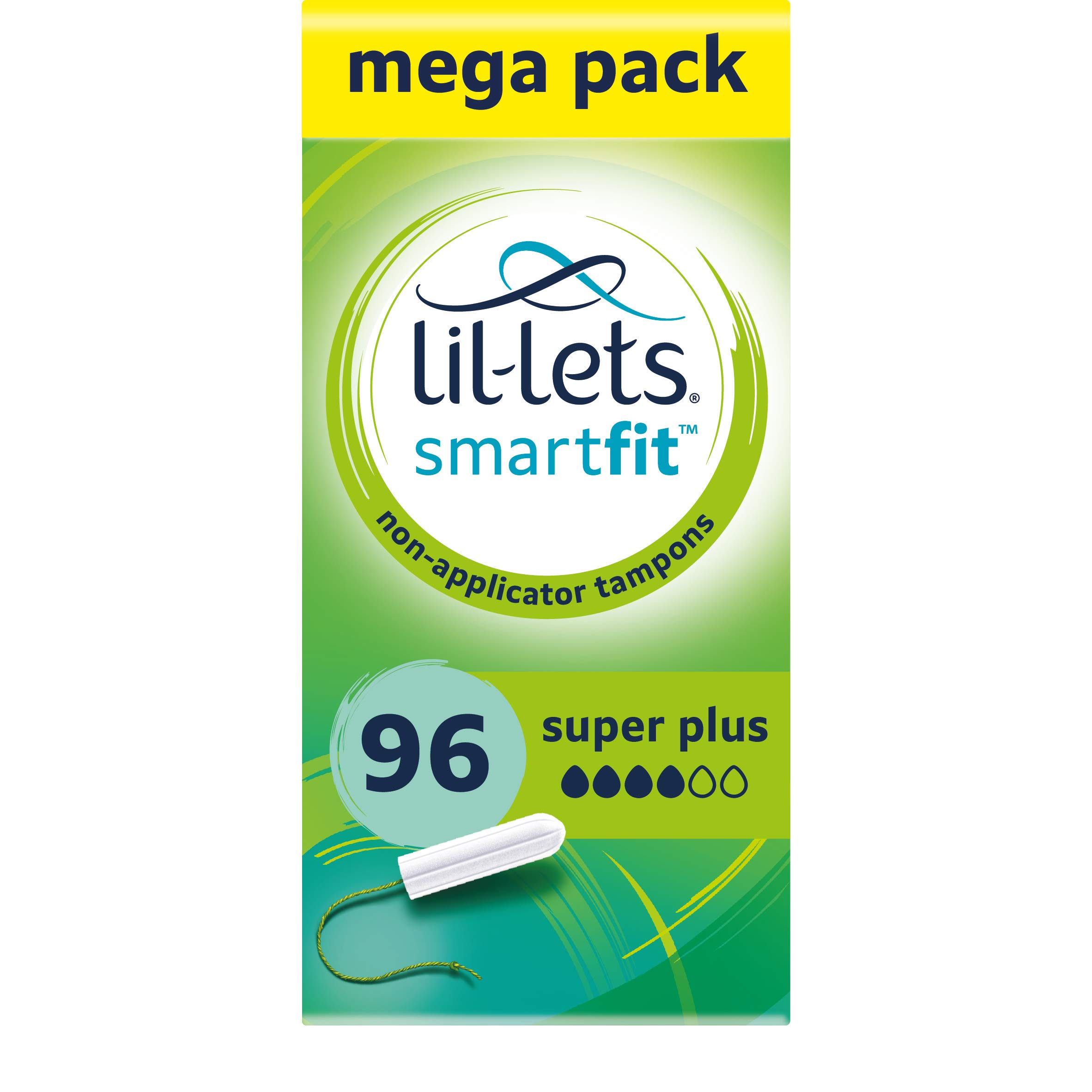 Lil-Lets Non-Applicator Super Plus Tampons X 96, (6 Packs of 16 Tampons), For Heavy Flow, 4 Droplets, Plant-Based, SmartFit Non-App Tampon