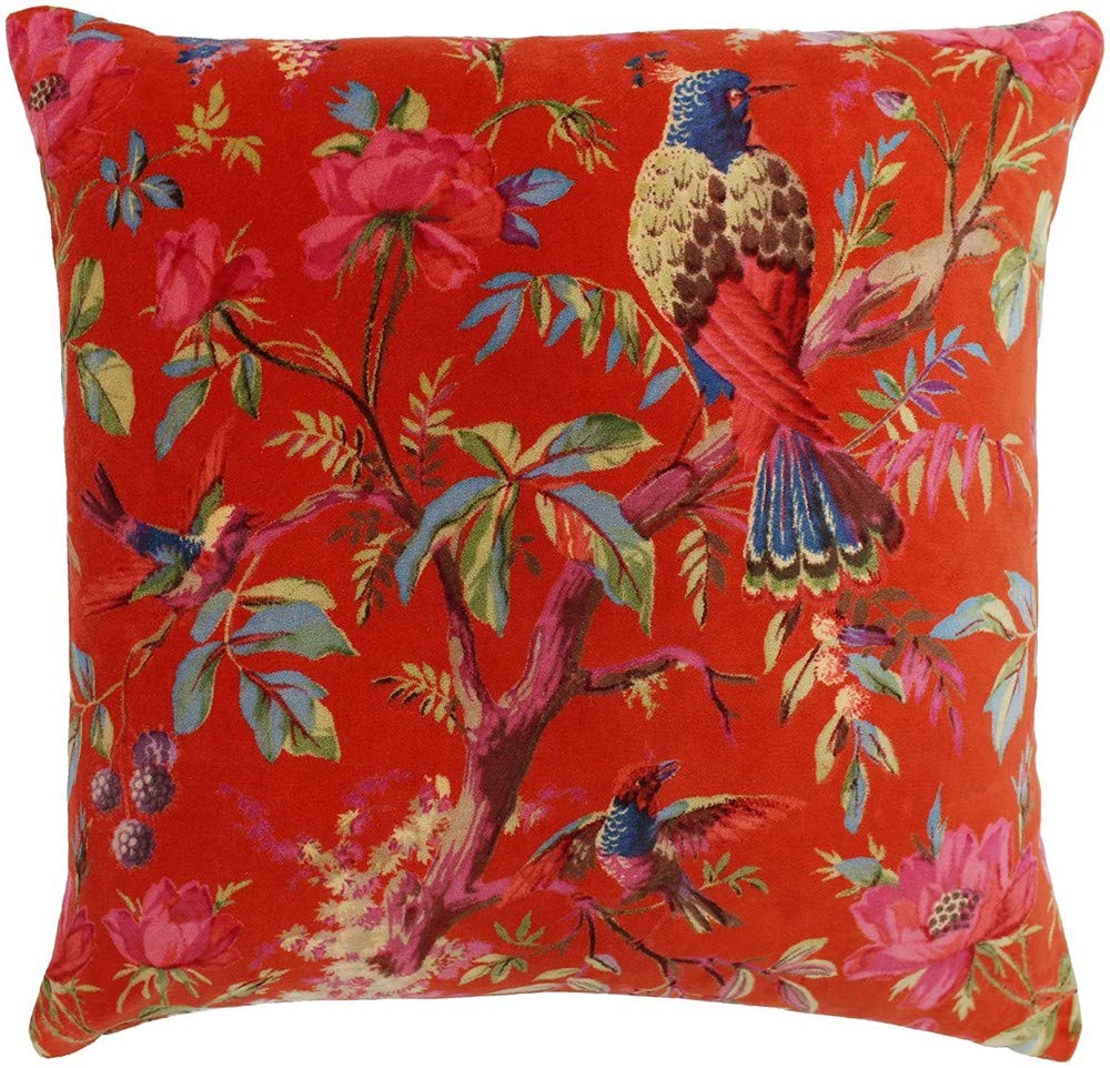 Paoletti Paradise Square Cushion Cover - Orange Colourful Bird Print Velvet Feel Cotton Fabric (50 x 50 cm, Pack of 1) โ image 1