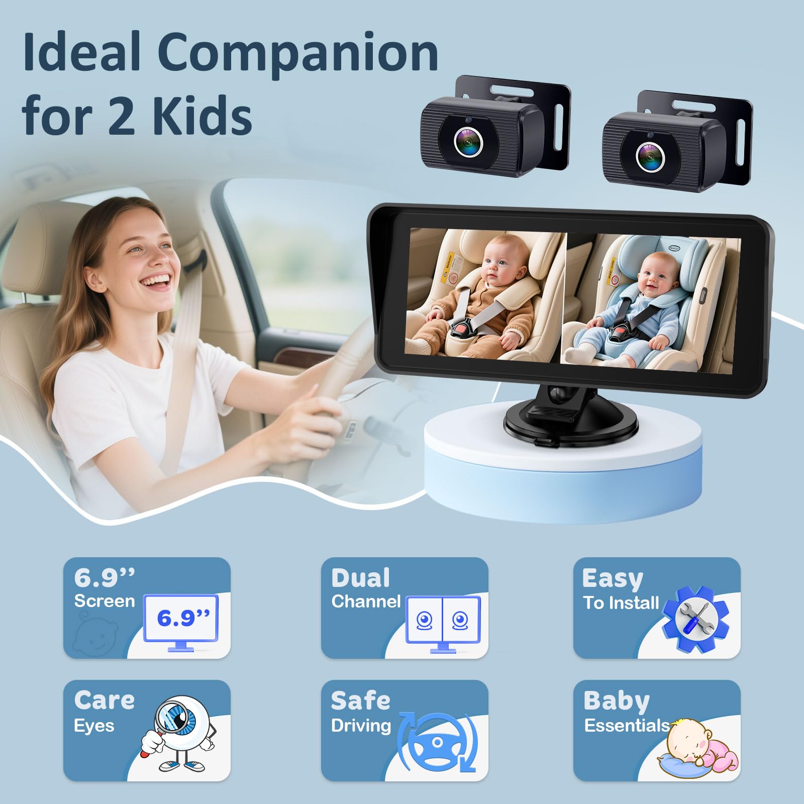 Yakry 2-Kids Baby Car Camera for Seat: 6.9 Inch Ultrawide Display with Two Cameras Rear Facing - USB Powered Backseat Camera HD 1080P Easy to Install