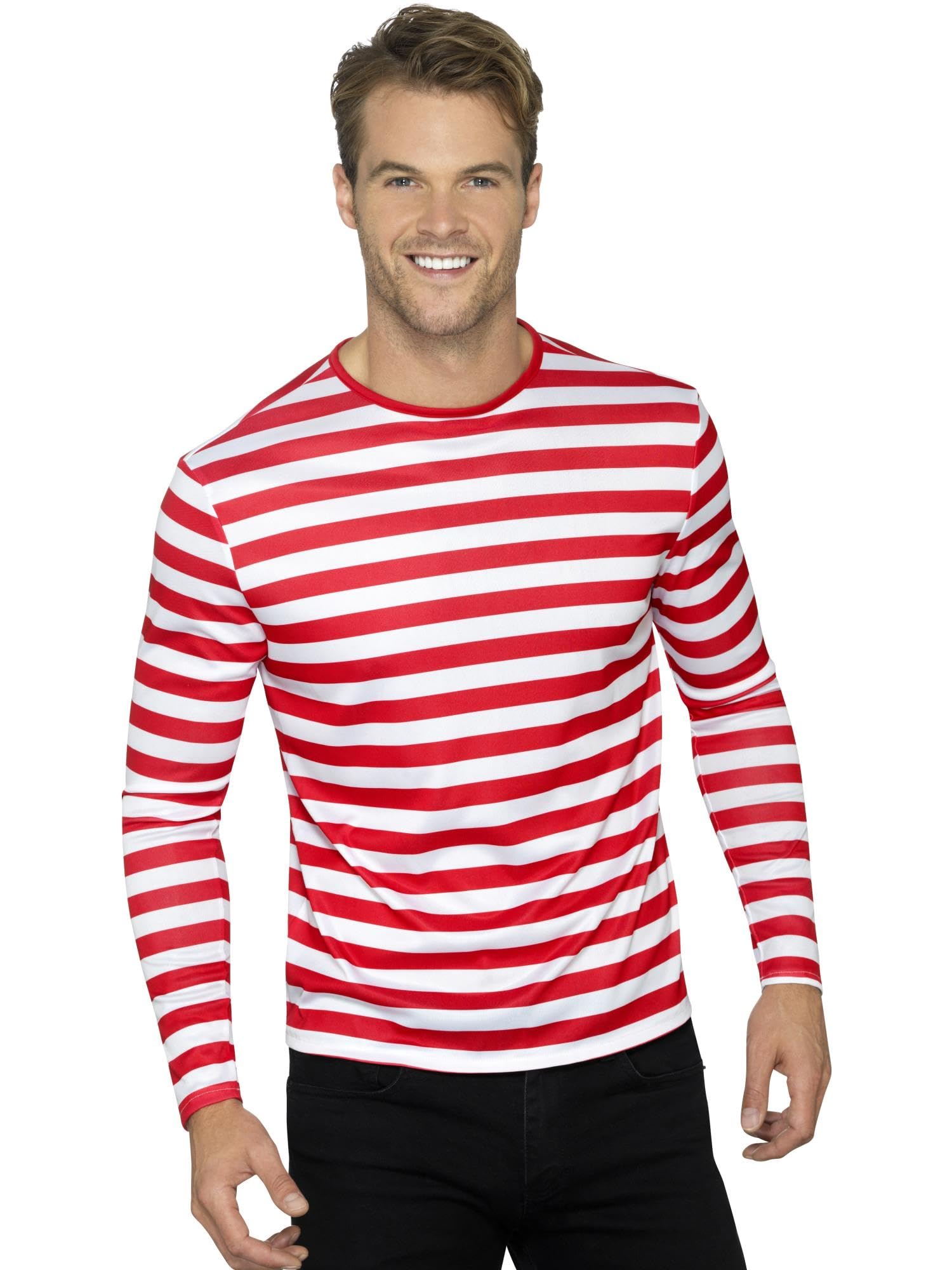 Smiffys Stripy T-Shirt, Red with Long Sleeve, Circus Fancy Dress, Adult Dress Up Costumes