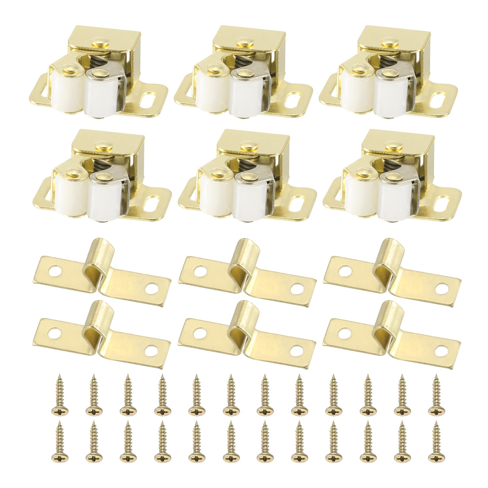 PATIKIL Cabinet Latch Double Roller Catch, 6 Pcs Stainless Steel Cabinet Door with Screws Spring Bead Hardware Latches with Spear Strike for Cupboard Wardrobe Pcs, Gold