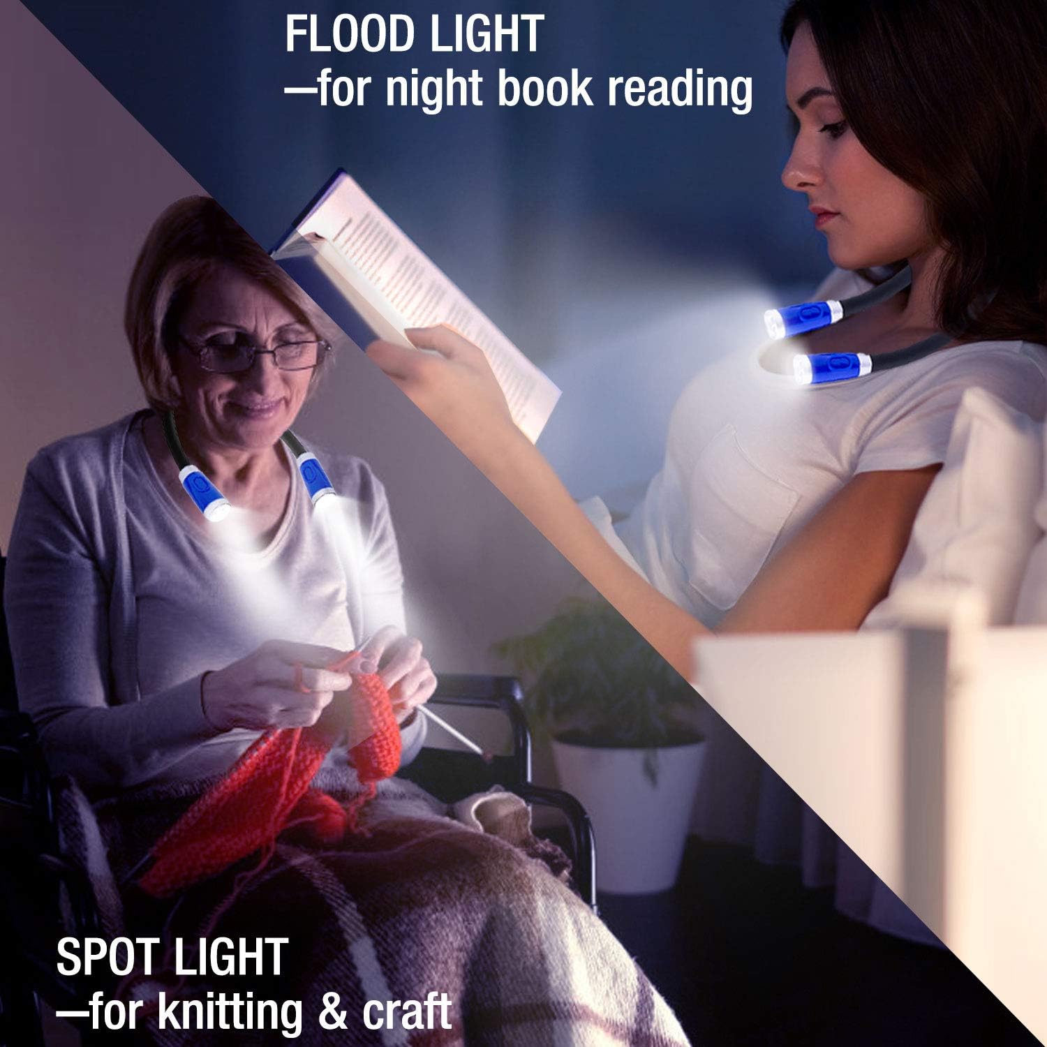 Vekkia Rechargeable 4 LED Neck Reading Light, Book Lights for Reading in Bed, 3 Brightness Levels, 2 Flexible Soft Silicone Arms Comfortable Wear, Long Lasting. Perfect for Bookworms, Craft & Knitting: Home Improvement