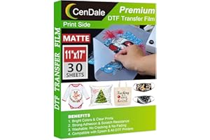 CenDale DTF Transfer Film 11"x17" - 30 Sheets Double-Sided Matte DTF Film for Sublimation Hack, Direct to Film Printing on All Color Fabric and T-Shirts Textile, Hot & Cold Peel DTF Paper