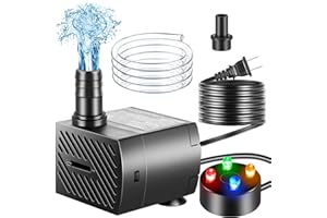 pamaner Submersible Pump, Small Fountain Pump with Tubing, Submersible Water Pump for Aquarium Fish Tank Indoor or Outdoor Pond Fountain Hydroponics Statuary (5W 95GPH, With Led Light)