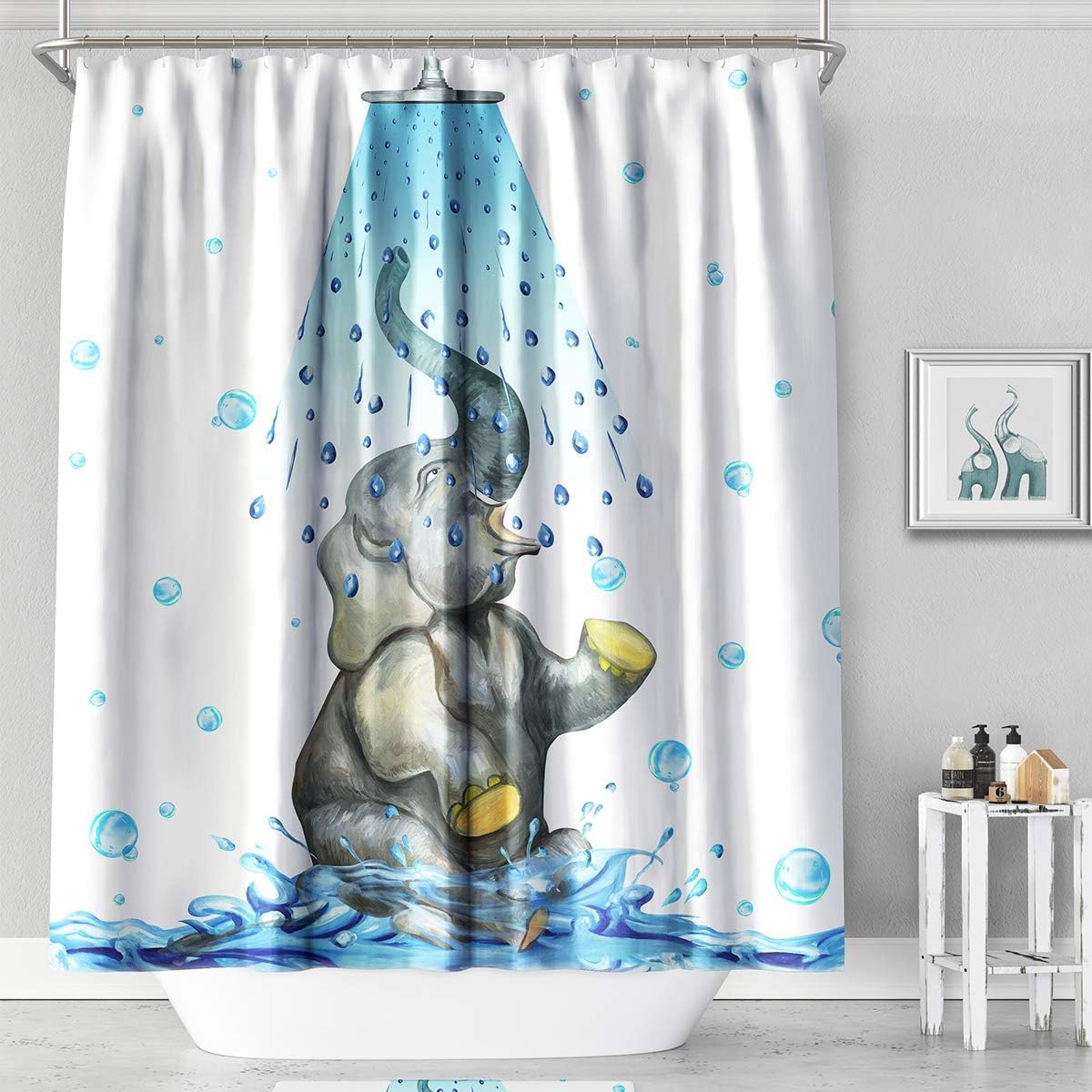 YAXIUFEN 44 Styles 3D Printing Bathroom Flower Shower Curtain Art Print Polyester Fabric Waterproof Machine Washable Included Hooks 71x71inch (Blue Elephant)