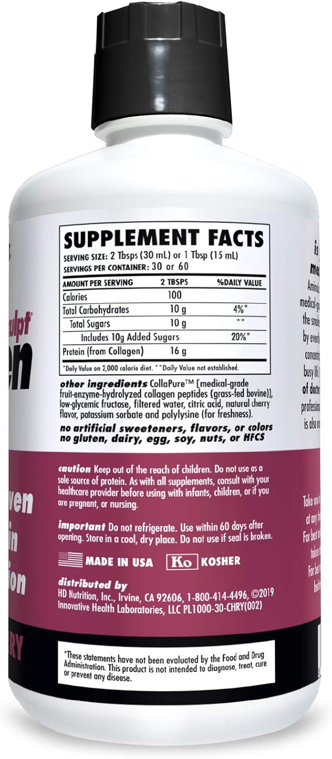 AminoSculpt Liquid Collagen Supplement (Tart Cherry Flavor) from Health Direct, 30 Fl Oz, 16,000 mg Strength: Health & Personal Care