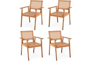 COSTWAY Outdoor Dining Chairs Set of 4, Acacia Wood Patio Chairs with Rattan Back & Seat, Armrest, Adjustable Foot Pads for G