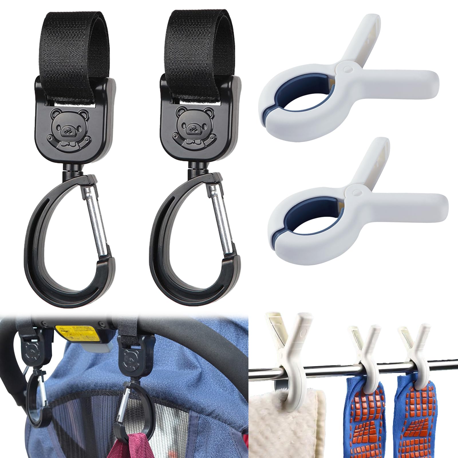 KASESSS 2 Pcs Pram Hooks and 2 Pcs Buggy Clips Set, Rotatable Pram Hooks for Bags Universal Pram Hook Large No Trace Pram Clips Plastic Buggy Clip Pram Accessories Set for Pushchair Strollers Prams
