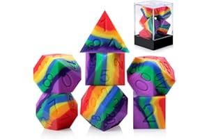Silicone DND Dice Set, DNDND 7PCS Silicone Squishy Rubber D&D Dice with Clear Plastic Display Case for Dungeons and Dragons Role Playing Games and Tabletop Games（Rainbow