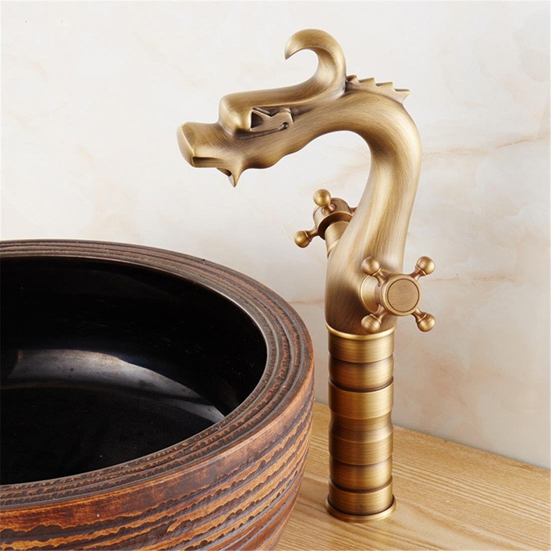Bathroom Basin Taps, Creative Chinese Dragon Head Shape Washroom Faucet, Lavatory Kitchen Sink Mixer For Hot And Cold Water, Bronze Standard Spout Double Wheel Without Hoses , A