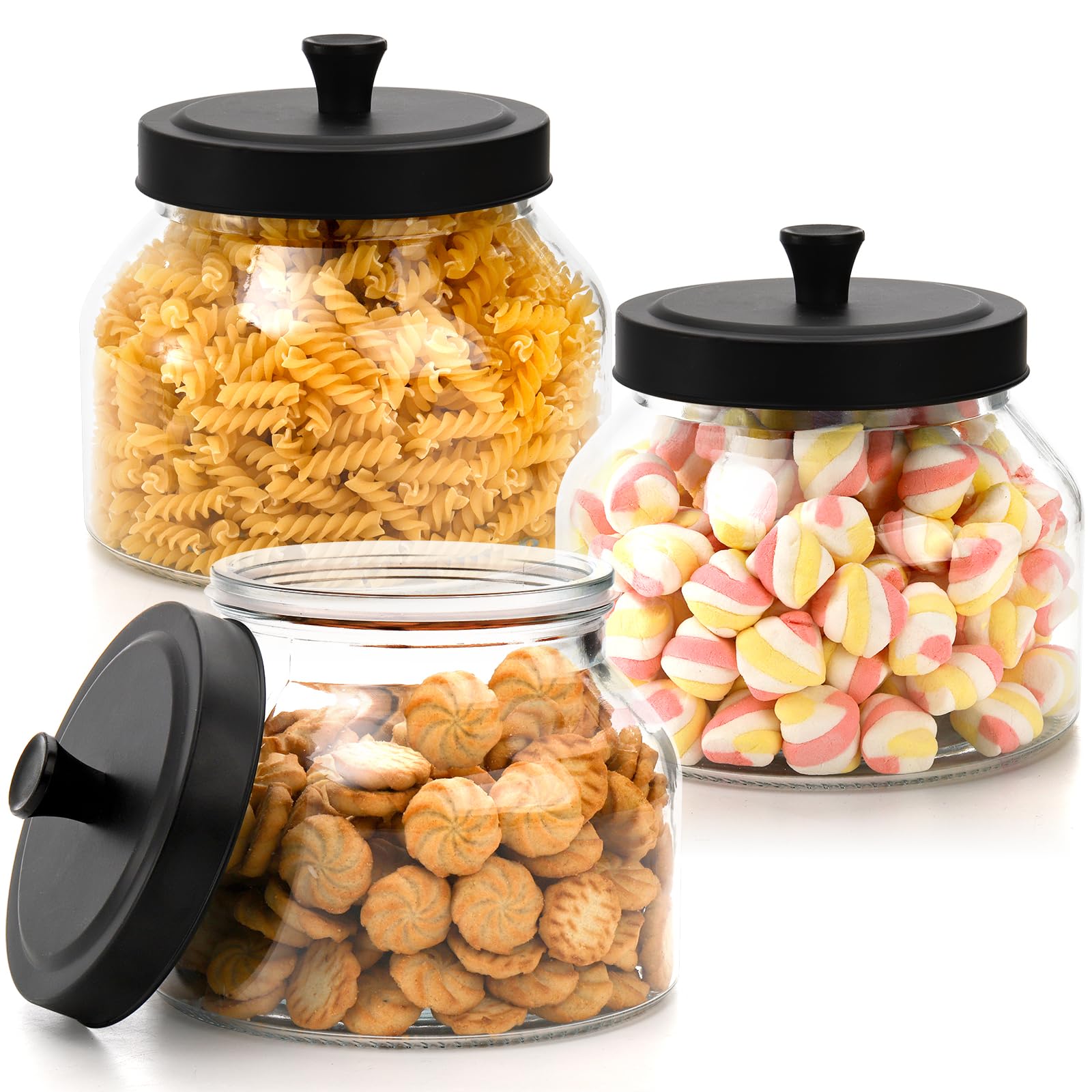 Photo 1 of **MISISING LIDS** AVLA 3 Pack Glass Jars with Metal Lid, 58 OZ Clear Round Cookie Candy Jar, Food Storage Container with Black Lid, Empty Canister Set for Kitchen Counter, Pasta, Dog Treat, Snack
