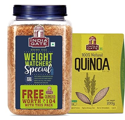 INDIA GATE 100% Whole Grain Brown Rice | Weight Watchers Special | Low GI enriched with high Fibre, 1 Kg Jar with 200 gm Quinoa Free