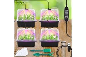 OURHOM Seed Starter Tray with Grow Light, 4pcs Seed Starter Kit with Timing Controller, Adjustable 3-Color Light Modes, Thicken Seedling Starter Trays with Humidity Domes Heightened Lids, Germination Kit