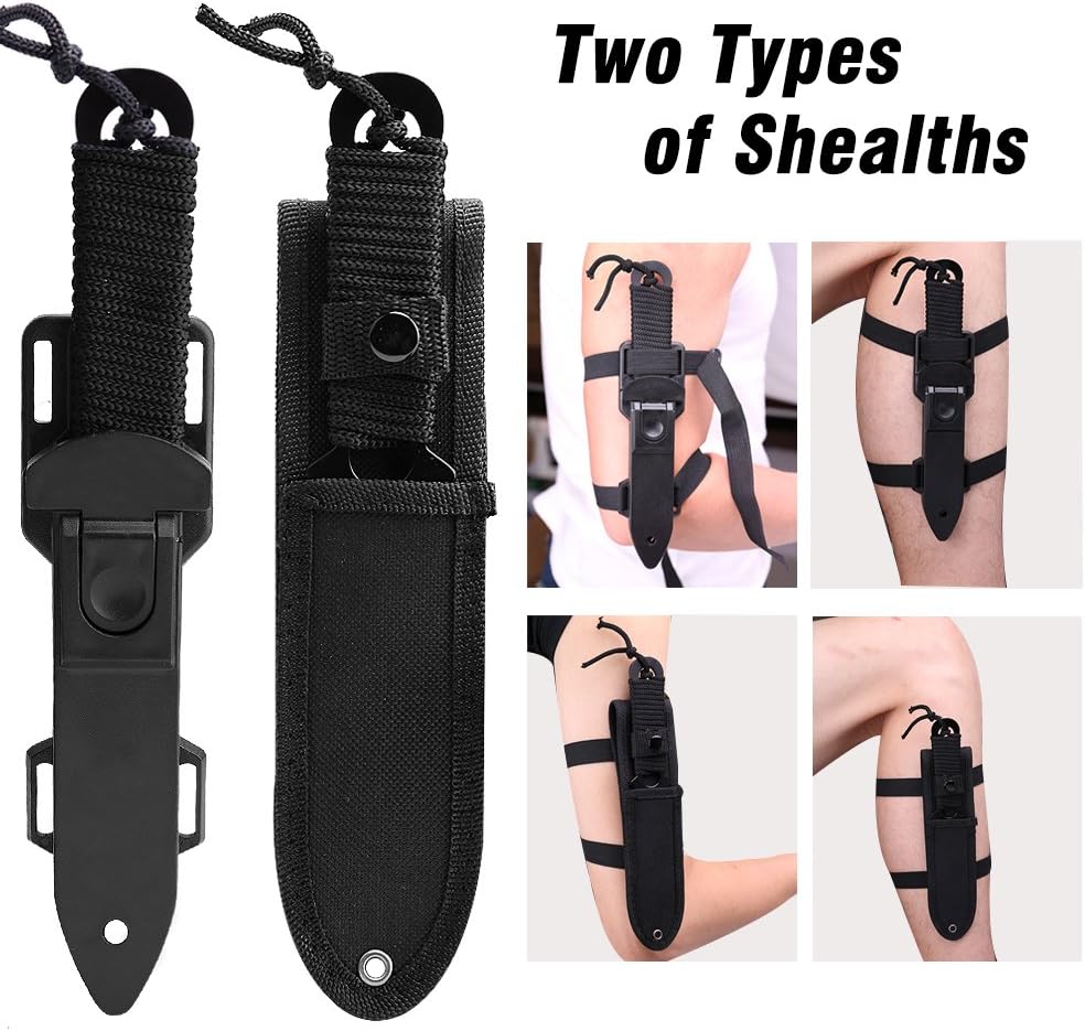 Scuba Diving Knife with Leg Straps 2 Pairs, Black Tactical Knife with 2 Types Sheath, Stainless Steel Diving Knives for Scuba Diving, Spearfishing, Snorkeling, Hiking, Outdoor Use: Home Improvement
