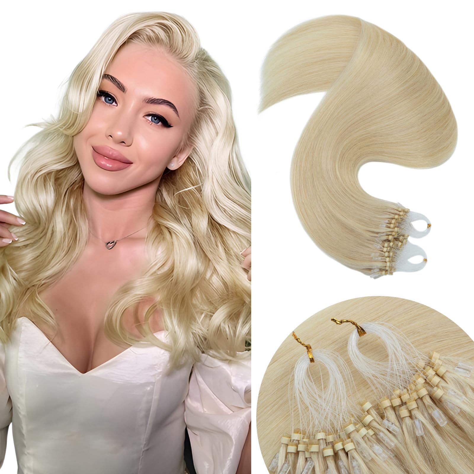 Elailite Micro Loop Hair Extensions Real Human Hair 1g/s 50 Strands 50g With Micro Ring Beads Remy Hair Straight (#60 Platinum Blonde, 22 Inch) โ image 1