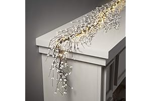 LampLust Lighted Garland, 6 Ft White Berry Garland,100 LED Lights with Timer, Winter Garland for Mantle All Year Round, Battery Powered, Timer Included, Farmhouse Decor, Valentines Decor