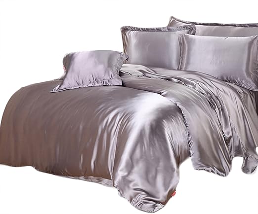 Amazon 布団カバークイーン4点セット シルクと大豆タンパク繊維 掛けカバー ボックスシーツ ピロケース 北欧デザイン グレー 並行輸入品 寝具カバーセット オンライン通販