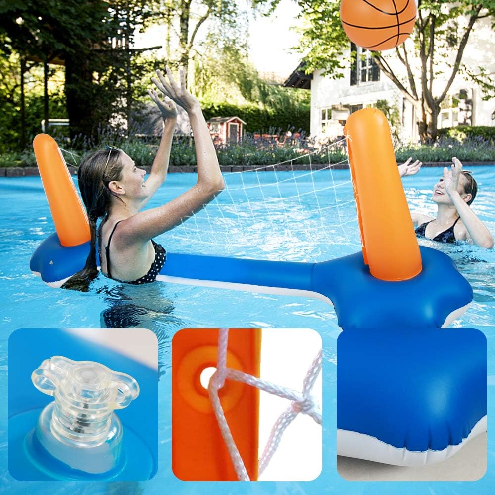 Inflatable Pool Float Set Volleyball Net and Basketball Hoops, Floating Pool Swimming Game Toys, Water Sports Inflatable Pool Volleyball Set for Adults - Volleyball Net & Basketball Hoops: Toys & Games