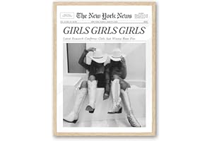 iHery Framed Trendy Coastal Cowgirl NewsPaper Wall Art Prints,12x16in Black Canvas Wall Art Prints,Beige Oak Wood Frame,New York News,Girls Just Wanna Have Fun,Vintage Bar Car Home Décor 1Pack
