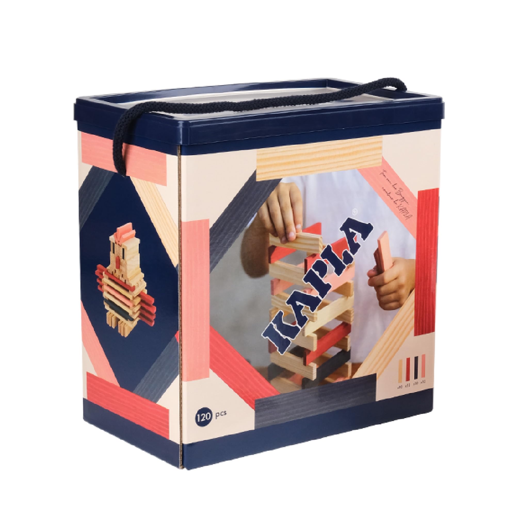 KAPLA - Construction Game with 120 coloured wooden planks (Natural, Red, Pink, Dark Blue), Wooden Toy, from 2 Years Old