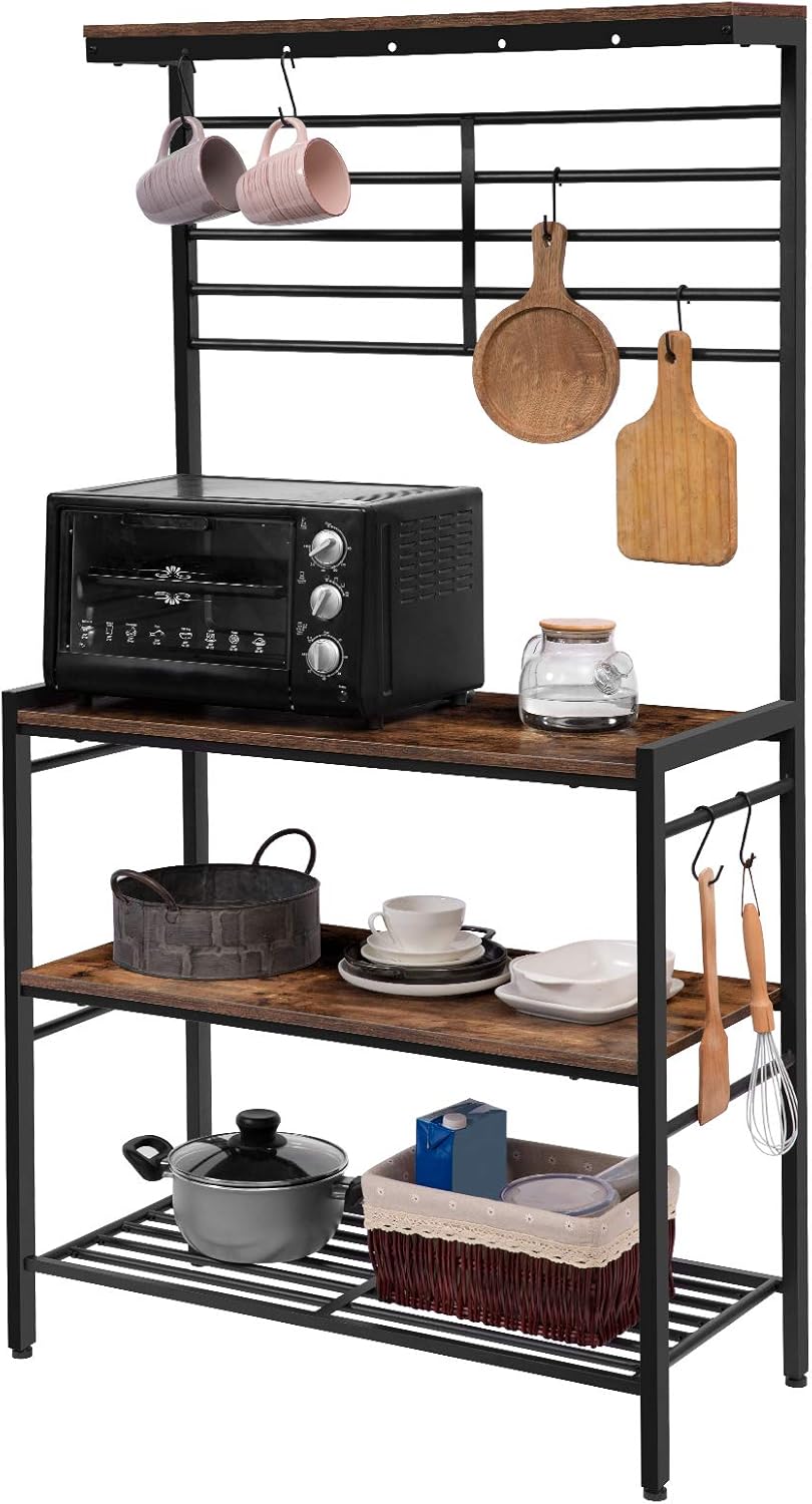 HOOBRO Kitchen Baker's Rack, Kitchen Microwave Oven Stand with High Display Shelf, 2 Wood Shelves and Mesh Panel, Kitchen Island Rack with 6 Hooks, Adjustable Feet, Metal Frame, Rustic Brown BF01HB01 - Standing Baker's Racks