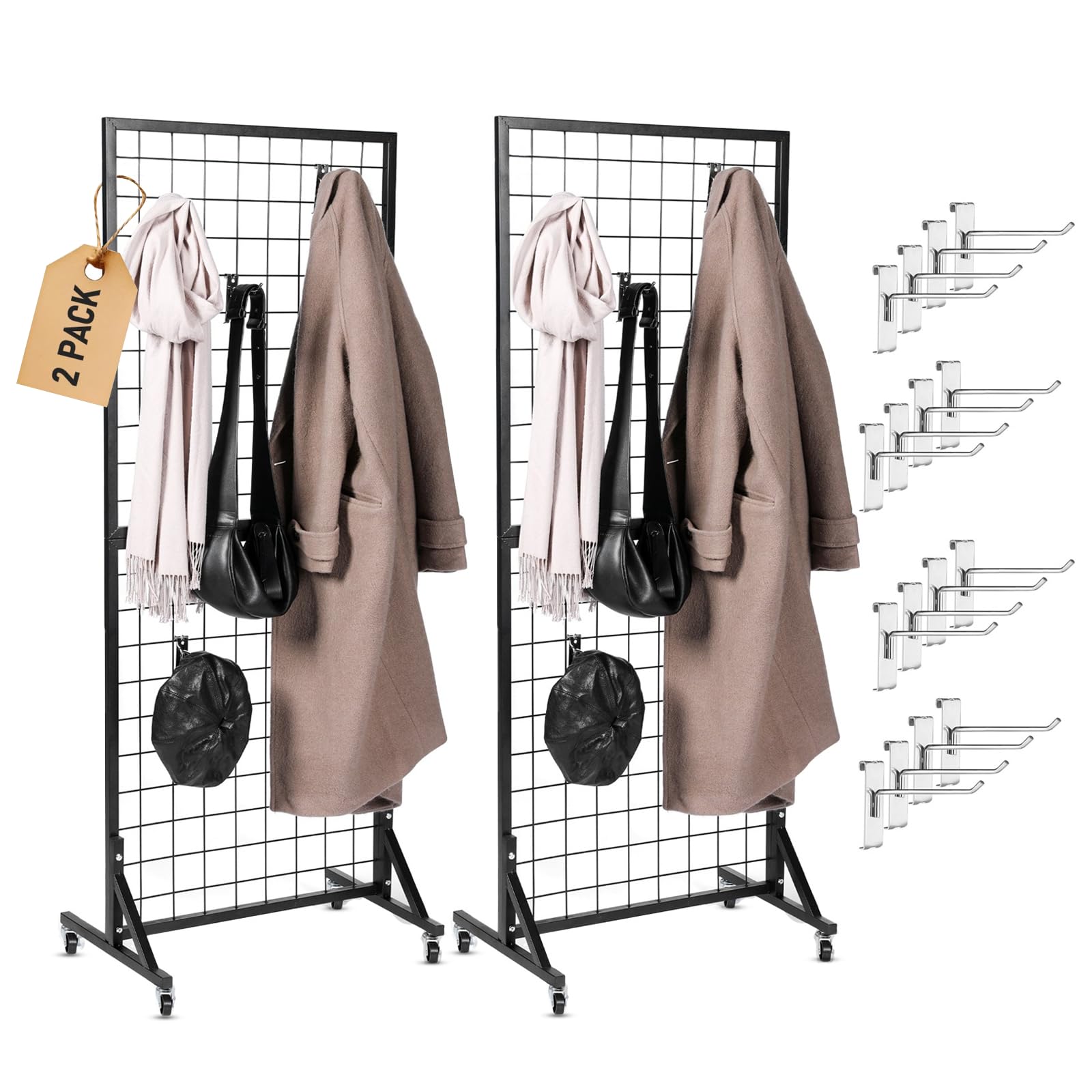 Photo 1 of 2 Gridwall Panels | 5 FT Tall x 2 FT Wide Portable Display Stand for Vendor Events with Caster Wheels | Heavy Duty Grid Wall with 16 Hooks Included | Gridwall Panel Display Stand for Easy Assembly