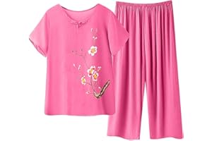 breaise Cotton Linen Pajama for Women Summer Casual 2 Piece Sets Plus Size O Neck Short Sleeve Tops with Lightweight Pants