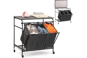 ALIMORDEN Laundry Sorter Cart with Folding Ironing Board and 4 Wheels, Sturdy Laundry Hamper Basket with Top Lid for Laundry Room Dark Grey