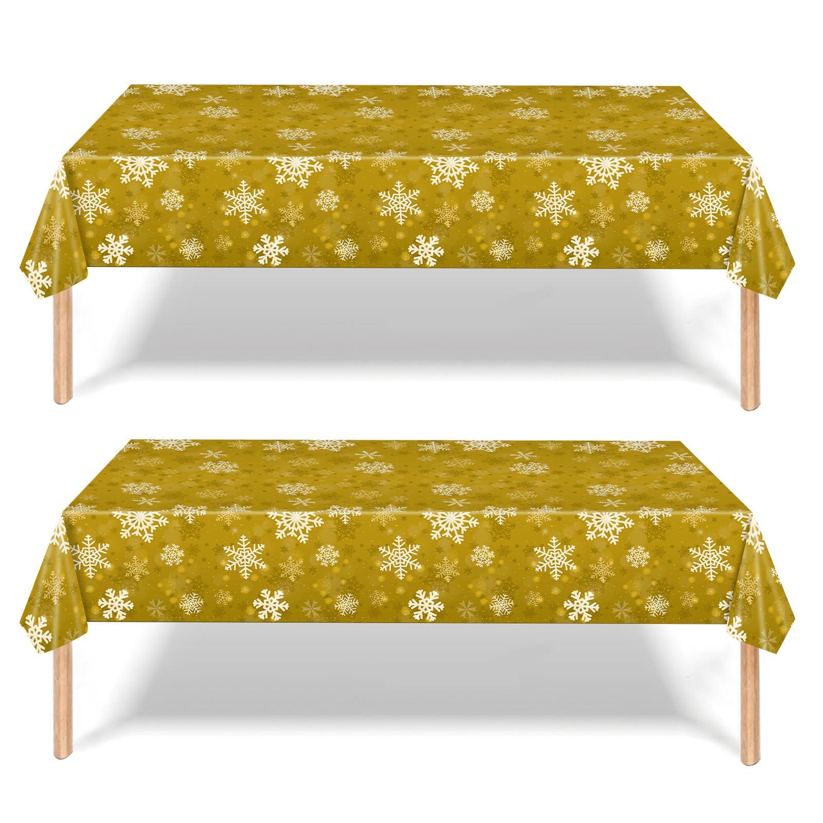 2 Pack Christmas Table Cloth, 137x274cm Rectangle Large Plastic Gold Tablecloth Snowflake Party Tableware Decor, Snowflake Xmas Tablecovers for Winter Holiday Xmas Party Dinner Table Cloths