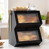 WOWLIVE Double Layer Bread Box for Kitchen Countertop, Large Bamboo Bread Storage Container for Homemade Bread, Farmhouse Bread Holder for Kitchen Counter Cabinet, Pantry, Cupboard (Black, Medium)