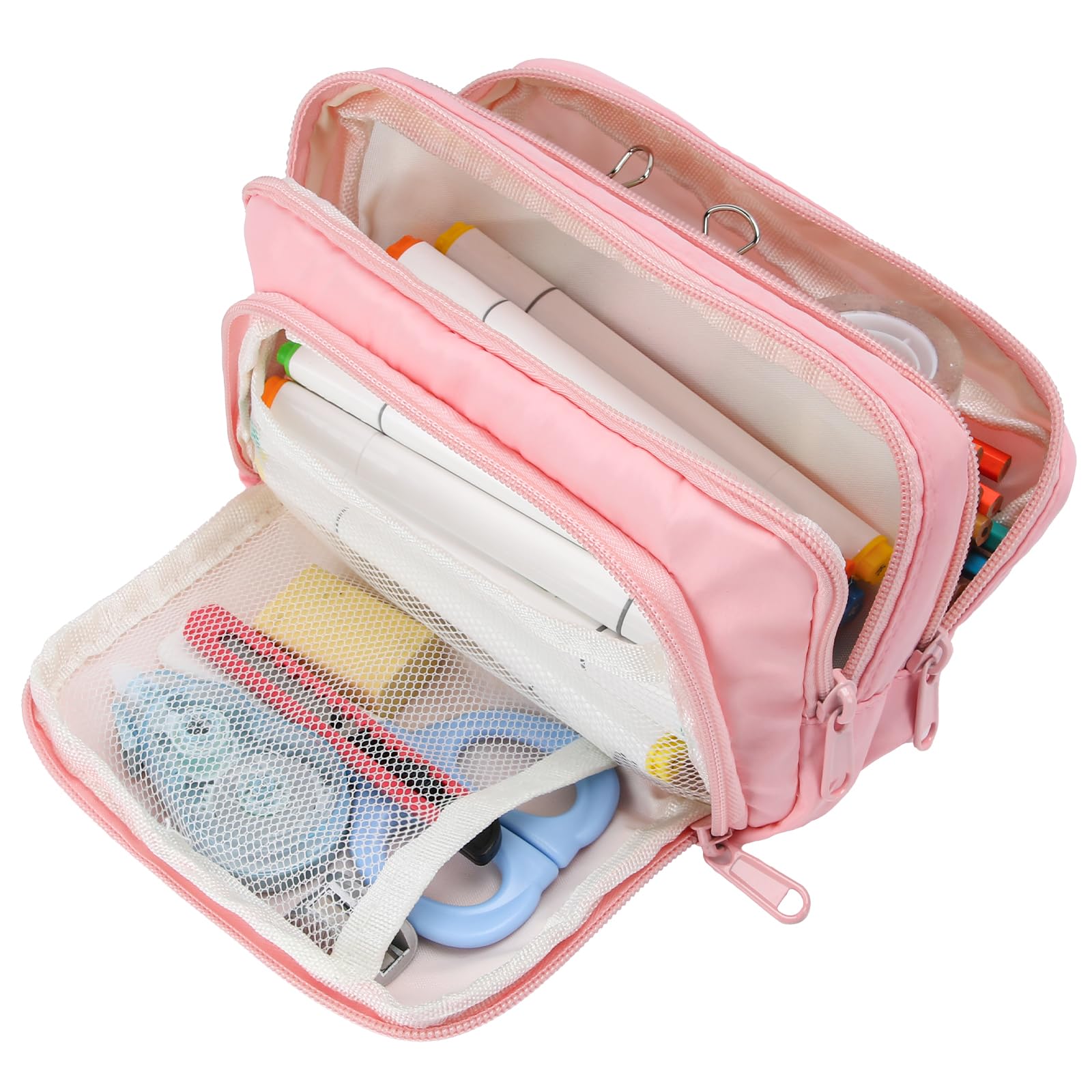 Euqvunn Pencil Case, Large Capacity Pen Case with 3 Compartments, Stationery Pouch for School & Office Supplies, Pink