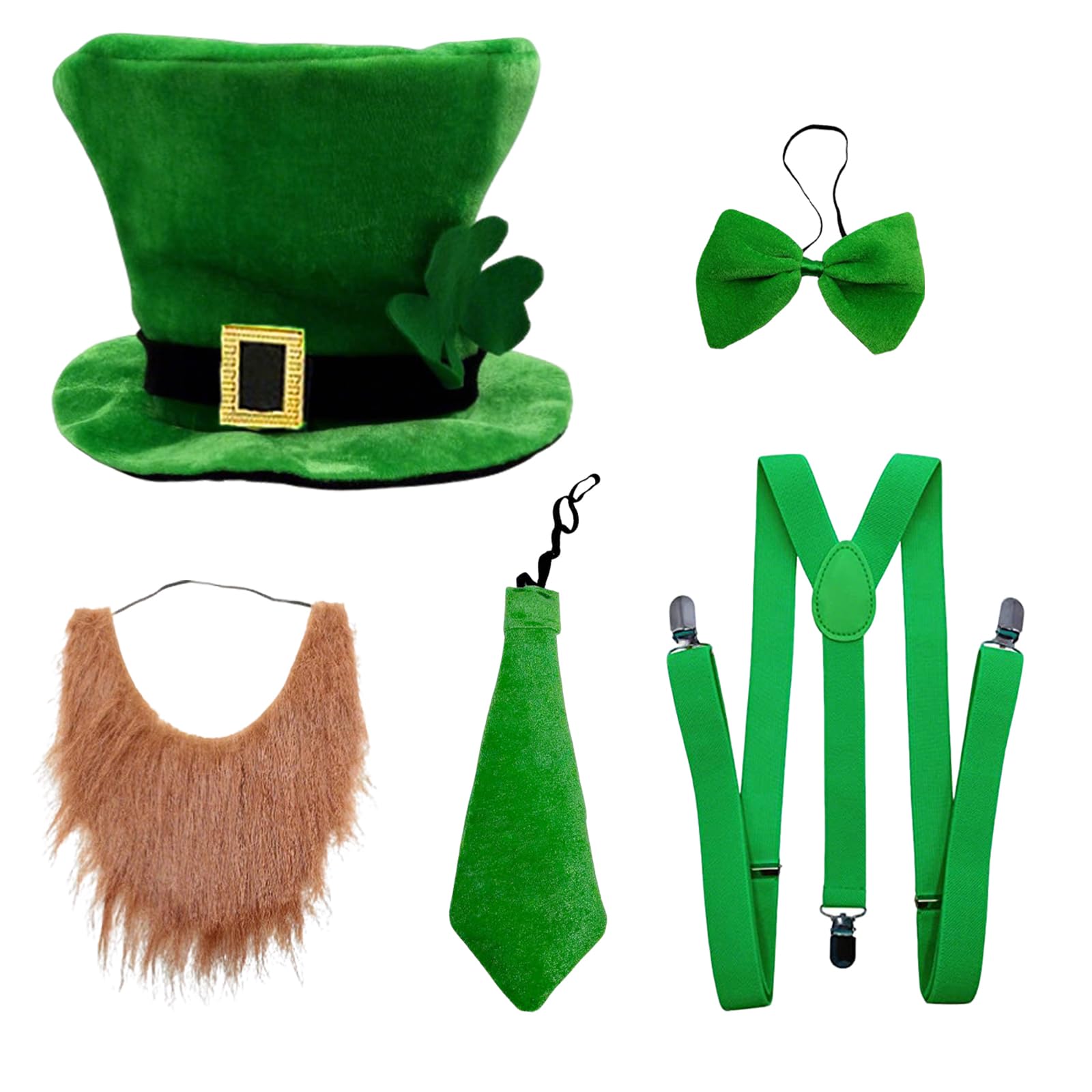 WanderGo St.Patrick's Day's Costume Accessories Green Hat Bow Tie Necktie Beard leprechaun costum for Men and Women for Party