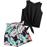 Arshiner Girl's 2 Piece Outfits Summer Tie Knot Tank Top and Paperbag Waist Pocketed Short Sets
