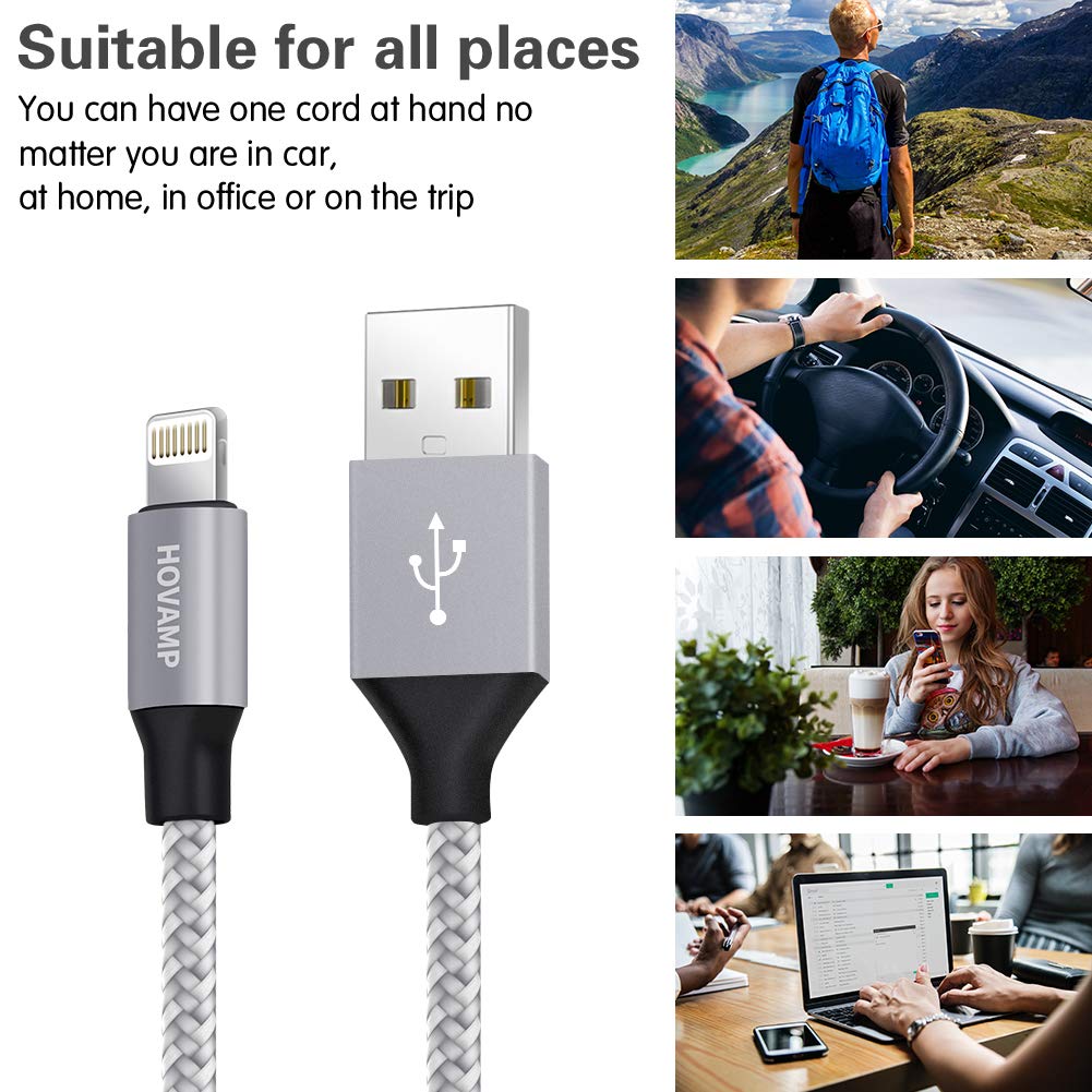 HOVAMP iPhone Charger, MFi Certified Lightning Cable 5 Pack (3/3/6/6/10FT) Nylon Woven with Metal Connector Compatible iPhone 11/Pro/Xs Max/X/8/7/Plus/6S/6/SE/5S iPad - Silver&White: Industrial & Scientific