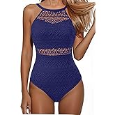 Holipick Crochet Tummy Control One Piece Swimsuit Modest Bathing Suit High Neck Full Coverage Swimwear