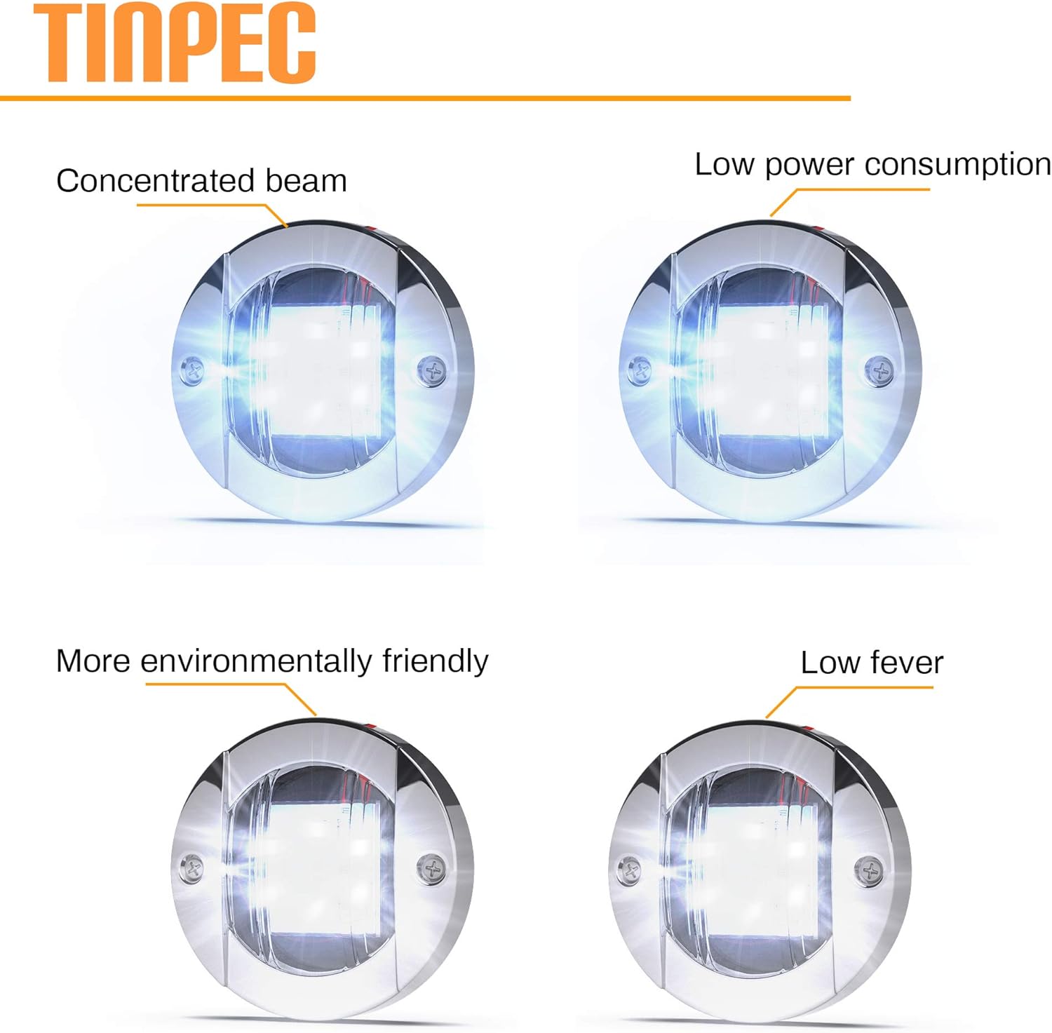 Tinpec Navigation Lights, 4PCS Marine Lights IP67 Waterproof Boat LED Lights 12V with Chrome Bezel for Boat Transom Mount Stern Anchor Side Bow Deck Suitable&ndash; Blue