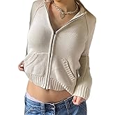 Yuemengxuan Women Zip Up Hoodie Y2k Vintage Long Sleeve Knitted Sweatshirt 90s Crop top Knitwear Coat Jacket Streetwear
