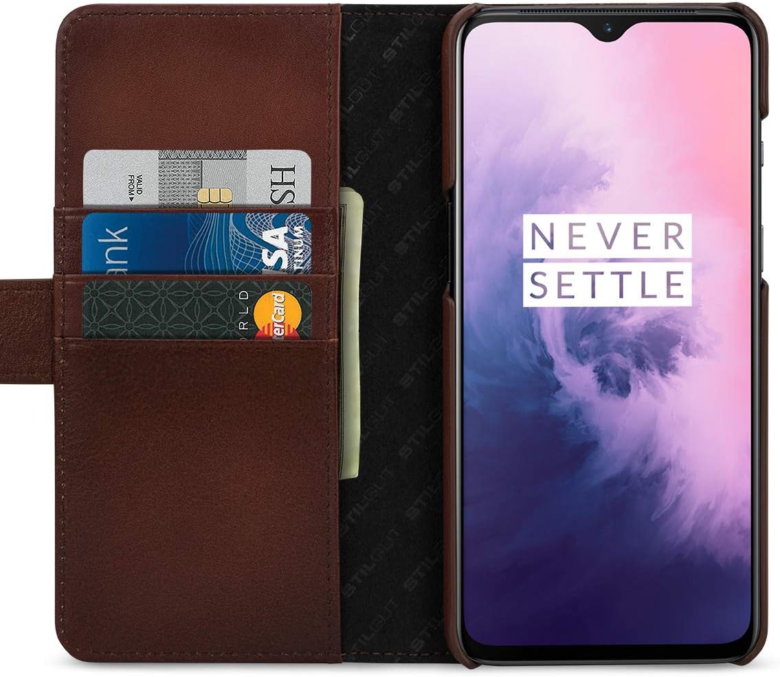 StilGut Wallet Case for OnePlus 7, Genuine Leather OnePlus 7 Case with Card Slots & Magnetic Closure, Antique Brown - Image 3