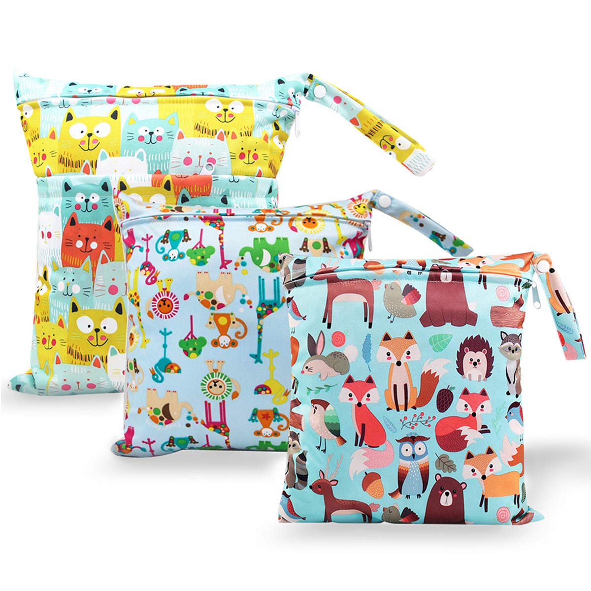 Wet Bag, HOTLIKE Dry Wet Bag, 3 PCS Nappy Bag for Cloth, Diapers Travel Bag Organiser Waterproof Reusable Produce Bags with Handle and 2 Zipper Pockets Wet Suit Bag for Trip Beach Daycare Gym (Yellow)