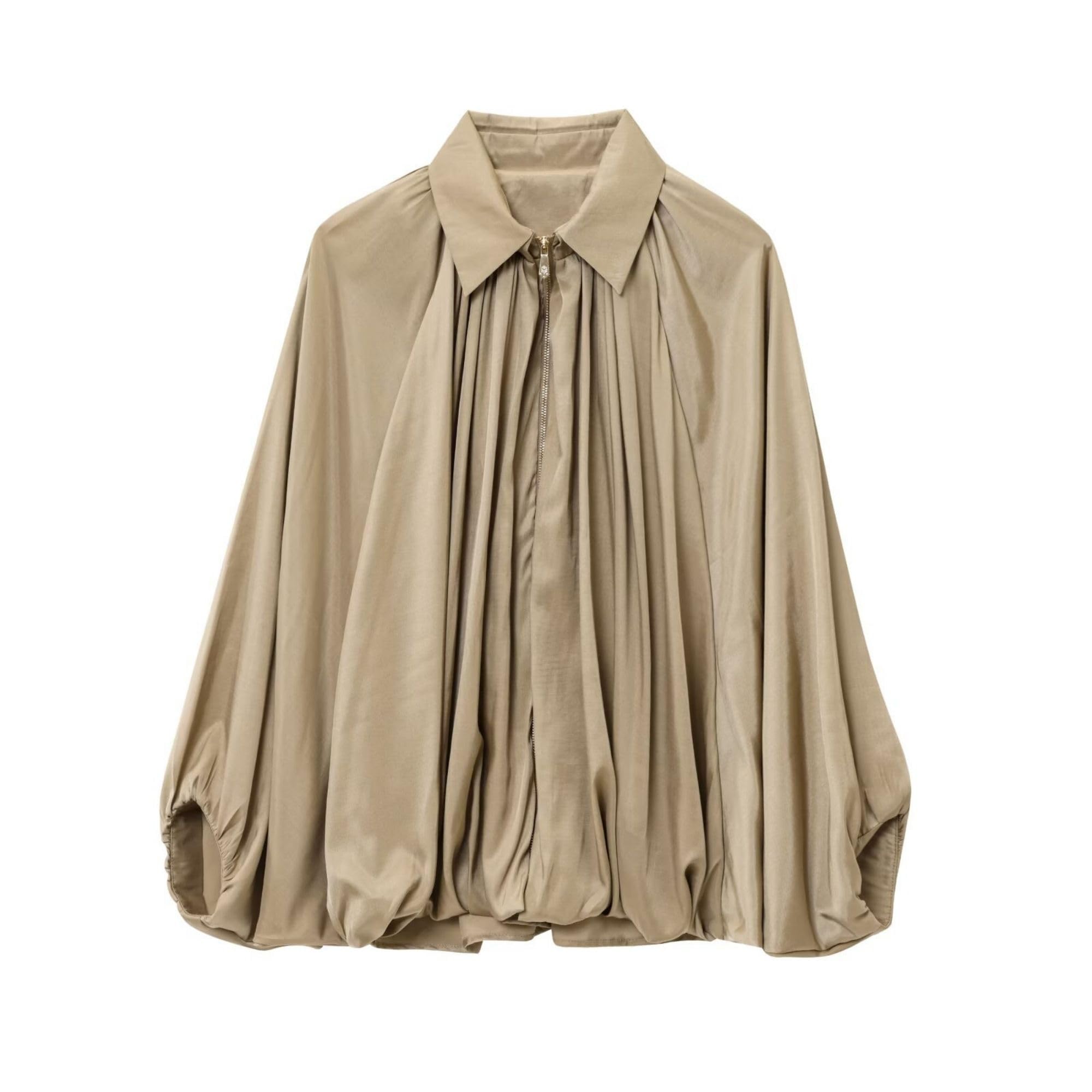 Photo 1 of FindThy Women’s Puffed Bomber Jacket Trendy Lapel Collar Long Batwing Sleeve Front Zip Oversized Shirts(4152-Khaki-M-aLB)