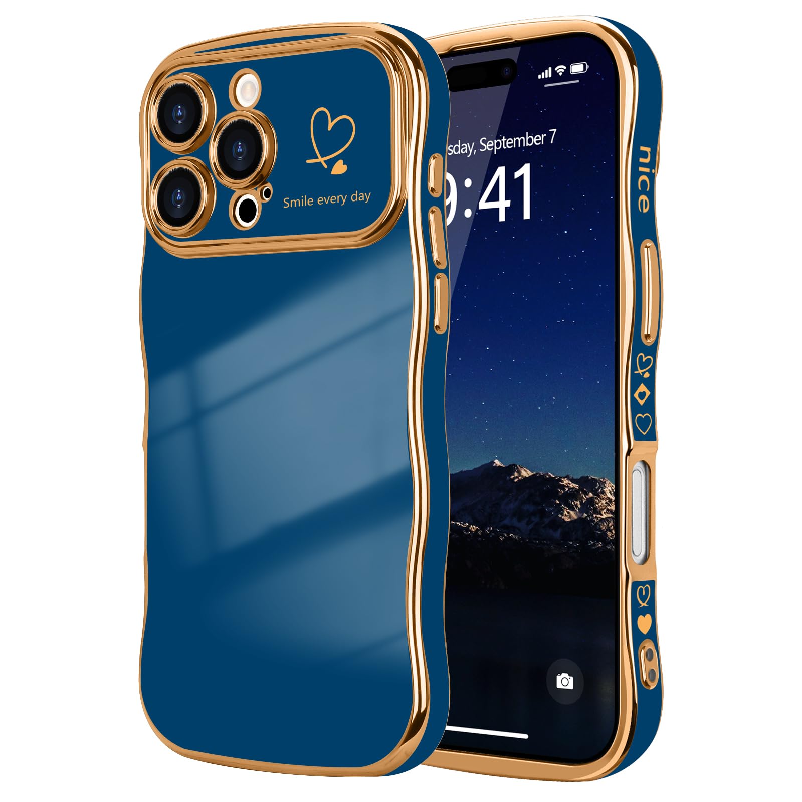 LCHULLE for iPhone 16 Pro Case for Women Girls,Cute Curly Wave Frame Shape Love Heart Pattern Phone Case,Raised Camera Protection Plating Shockproof Cover for iPhone 16 Pro 6.3",Navy Blue
