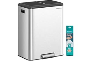 SONGMICS Trash Can, 2 x 8 Gallon (2 x 30 L) Double Garabge Can for Recycling and Waste, Stainless Steel, Soft-Close Lid, Inner Buckets, Wide Sturdy Pedal, Metallic Silver ULTB556E01