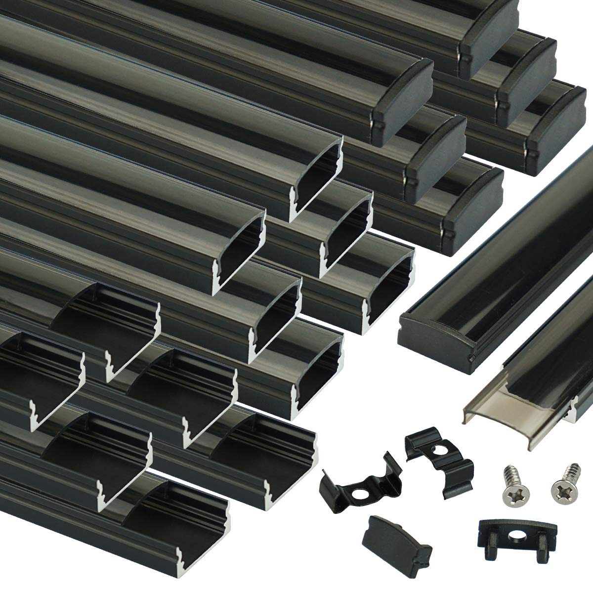 Muzata Black LED Channel System with Crystal Smoke Black Transparent Diffuser Clear Cover Lens,Aluminum Track Housing Profile for Strip Tape Light with ,20Pack 3.3ft/1M U Shape U1SW BB 1M, LU1