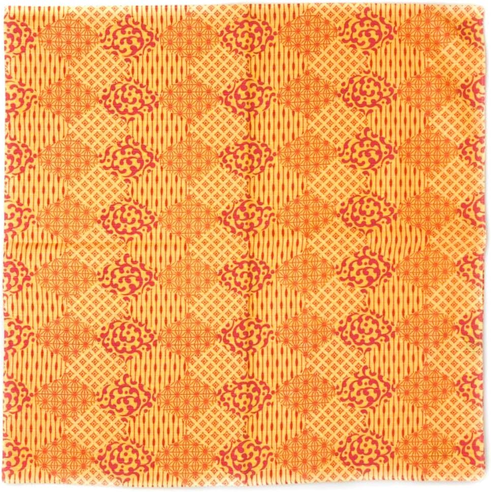 Honjien Furoshiki Traditional Japanese Fabric - Wrapping Cloth - Extra Large 39 x 39 inches, 100% Cotton, Made in Japan [Arabesque Pattern Yellow]