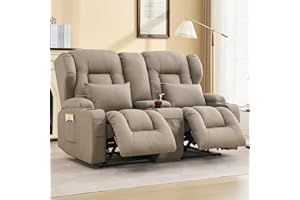 IPKIG 65.3" RV Loveseat Double Recliner Sofa with Console, Faux Leather Reclining Chair Home Theater Seating, RV Furniture, Manual Recliner Chair (Khaki)