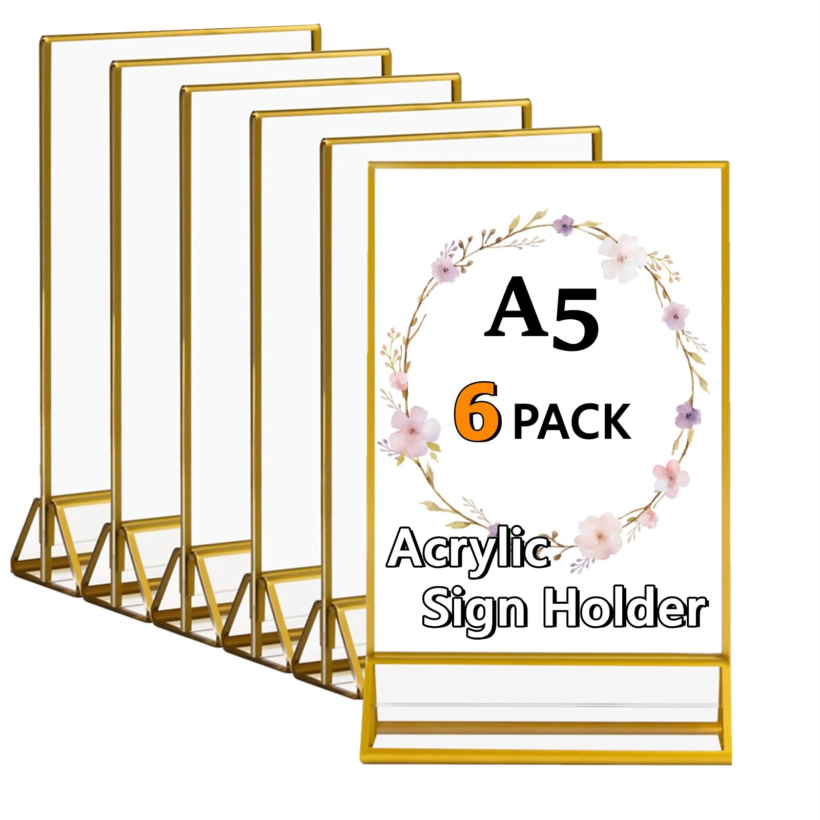 Gocoffun Acrylic Sign Holder A5 Gold Frame, 6 Pack Clear Acrylic Table Top Display Stand, Double Sided Picture Frames for Menu Display, Restaurant Signs Display, Wedding Menu Paper Desk Display
