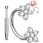 Melighting 20G Flower Horseshoe Nose Ring Hoop, Piercing Taper Ball Grabber Tool Set 316L Surgical Steel, CZ Clear Threadless Nose Septum Daith Lip Rook Helix Piercing Jewelry 7/8 mm